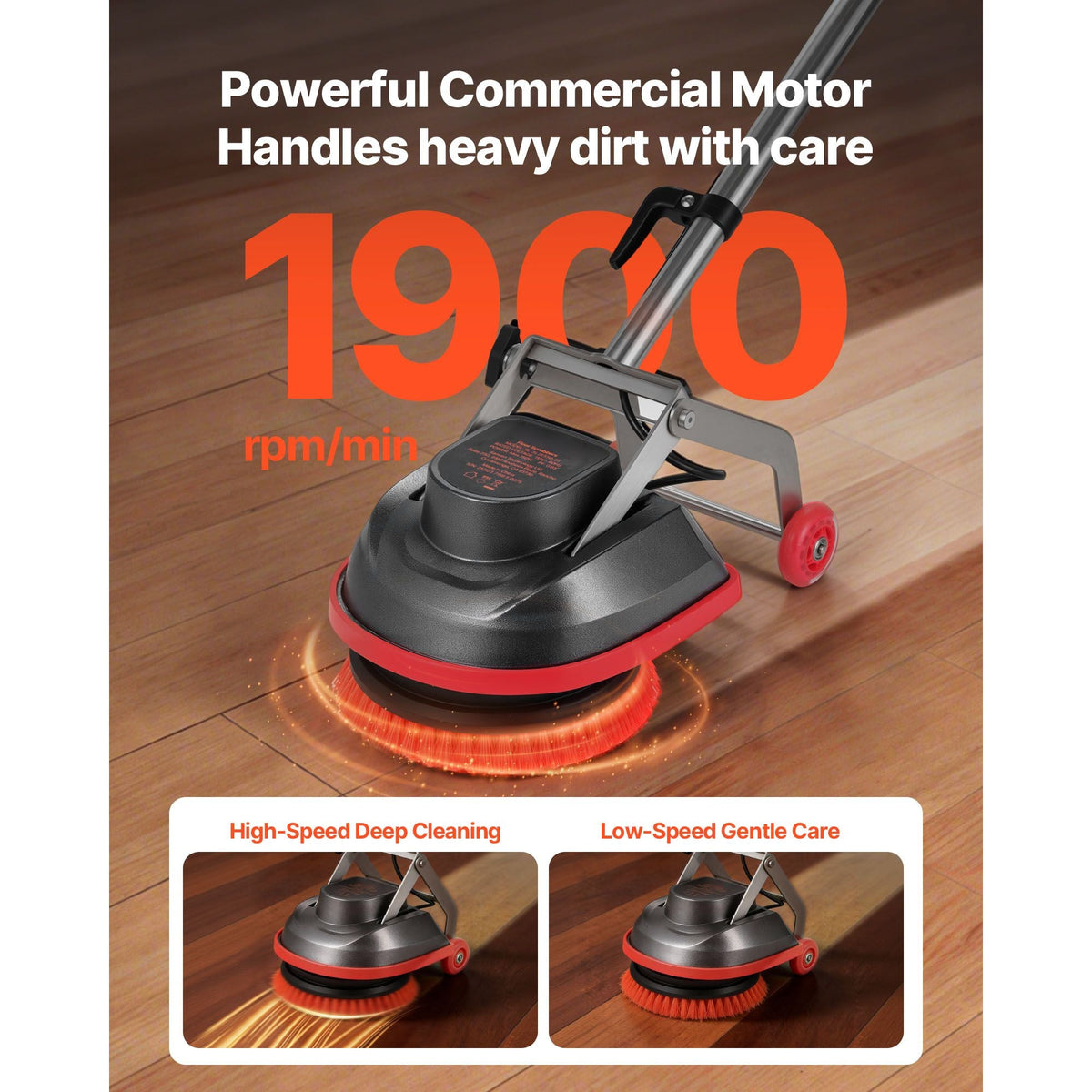 Commercial Floor Scrubber Machine, Heavy Duty Floor Cleaner Polisher with 2 Wheels, Professional Electric Carpet Buffer, Max 1900 RPM, 43 FT Cord, 3 Pads & 3 Brushes - All Floor Surfaces