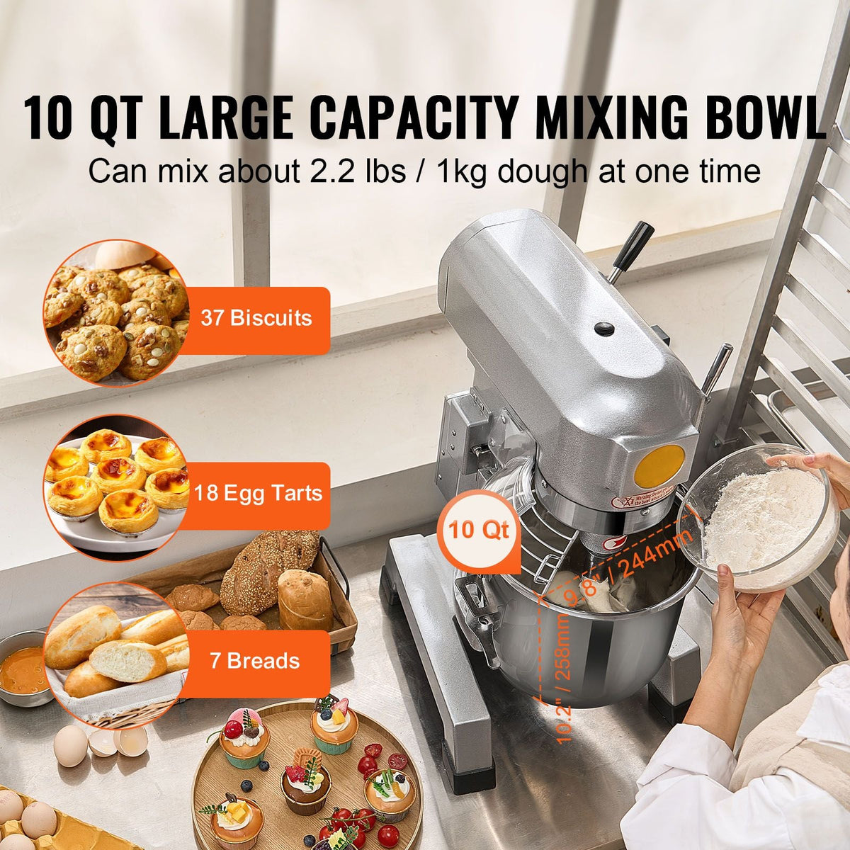 Commercial Food Mixer, 10L Commercial Stand Mixer with 3 Adjustable Speeds, 550W Dough Mixer with Stainless Steel Bowl and 3 Mixing Attachments, Ideal for Restaurant, Bakery, Pastry shop, Cafe
