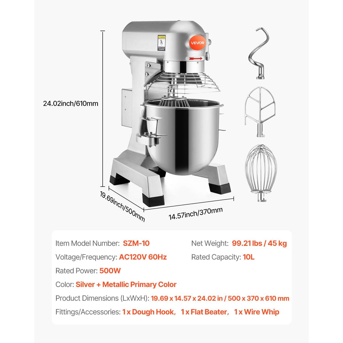 Commercial Food Mixer 10Qt 450W 3 Speeds Adjustable 110/178/390 RPM Heavy Duty 110V with Stainless Steel Bowl Dough Hooks Whisk Beater Premium for Schools Bakeries Restaurants Pizzerias