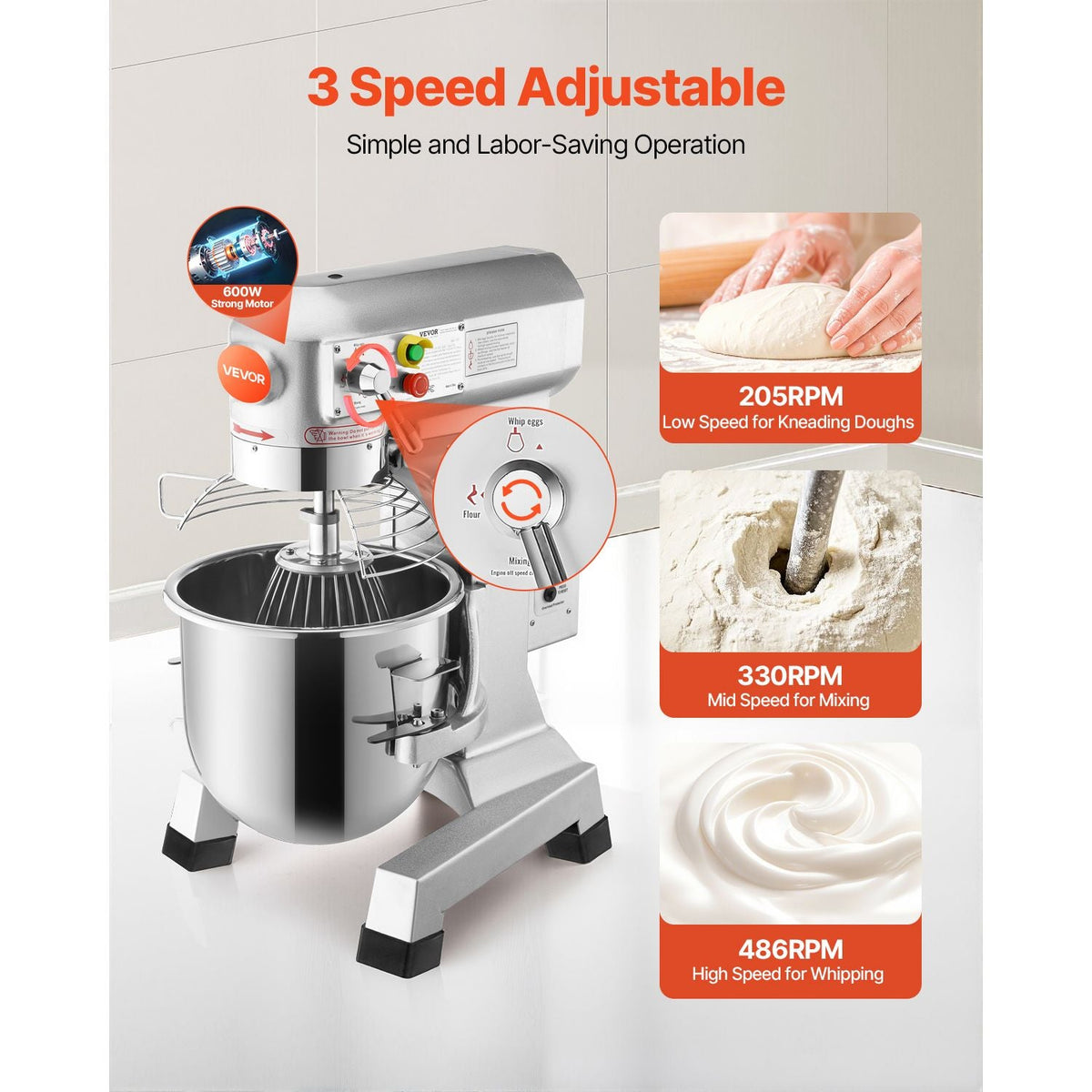 Commercial Food Mixer 10Qt 450W 3 Speeds Adjustable 110/178/390 RPM Heavy Duty 110V with Stainless Steel Bowl Dough Hooks Whisk Beater Premium for Schools Bakeries Restaurants Pizzerias