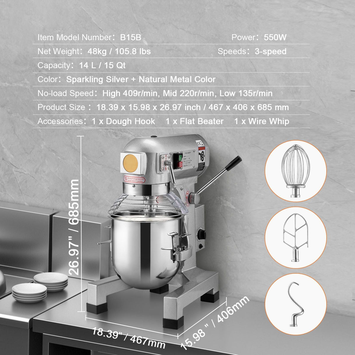 Commercial Food Mixer, 14L Commercial Stand Mixer with 3 Adjustable Speeds, 550W Dough Mixer with Stainless Steel Bowl and 3 Mixing Attachments, Ideal for Restaurant, Bakery, Pastry shop, Cafe