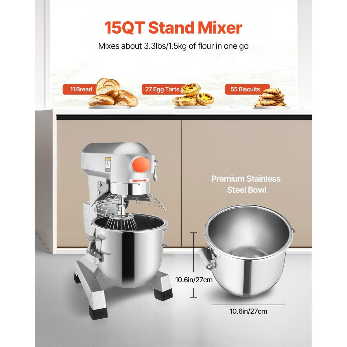 Commercial Food Mixer 15Qt 600W 3 Speeds Adjustable 110/178/390 RPM Heavy Duty 110V with Stainless Steel Bowl Dough Hooks Whisk Beater Premium for Schools Bakeries Restaurants Pizzerias