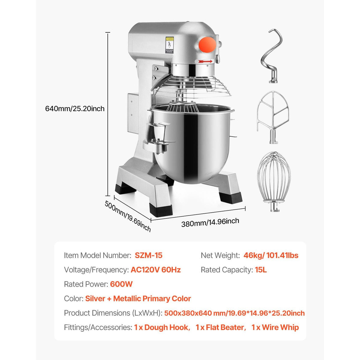 Commercial Food Mixer 15Qt 600W 3 Speeds Adjustable 110/178/390 RPM Heavy Duty 110V with Stainless Steel Bowl Dough Hooks Whisk Beater Premium for Schools Bakeries Restaurants Pizzerias
