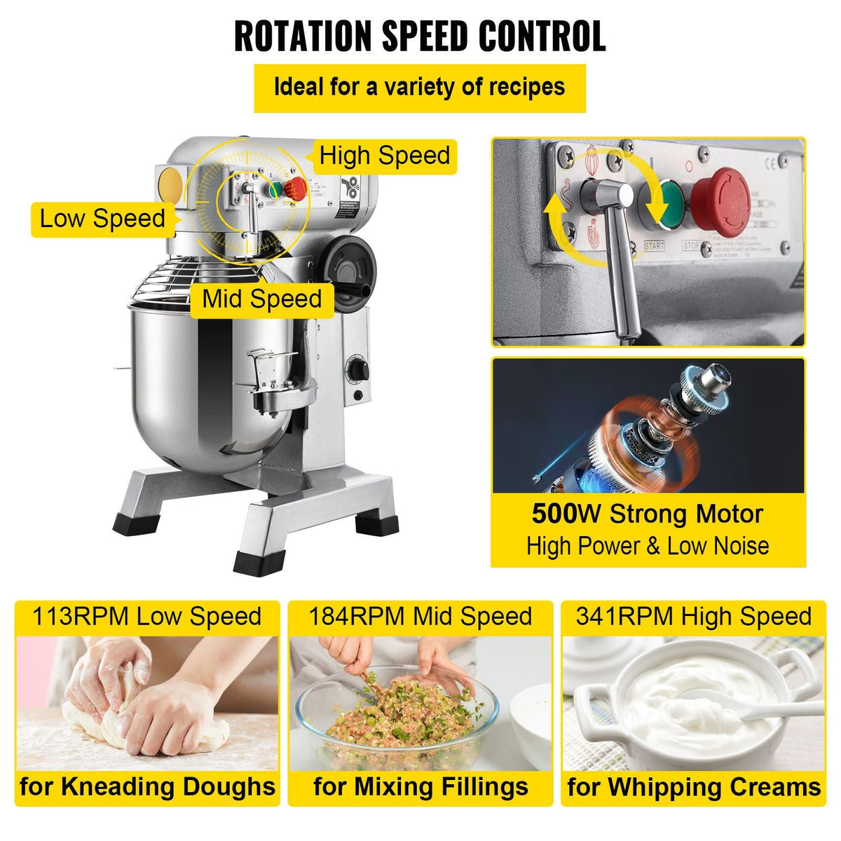 Commercial Food Mixer, 15Qt Commercial Mixer with Timing Function, 500W Stainless Steel Bowl Heavy Duty Electric Food Mixer Commercial with 3 Speeds Adjustable 113/184/341 RPM, Dough Hook Whisk