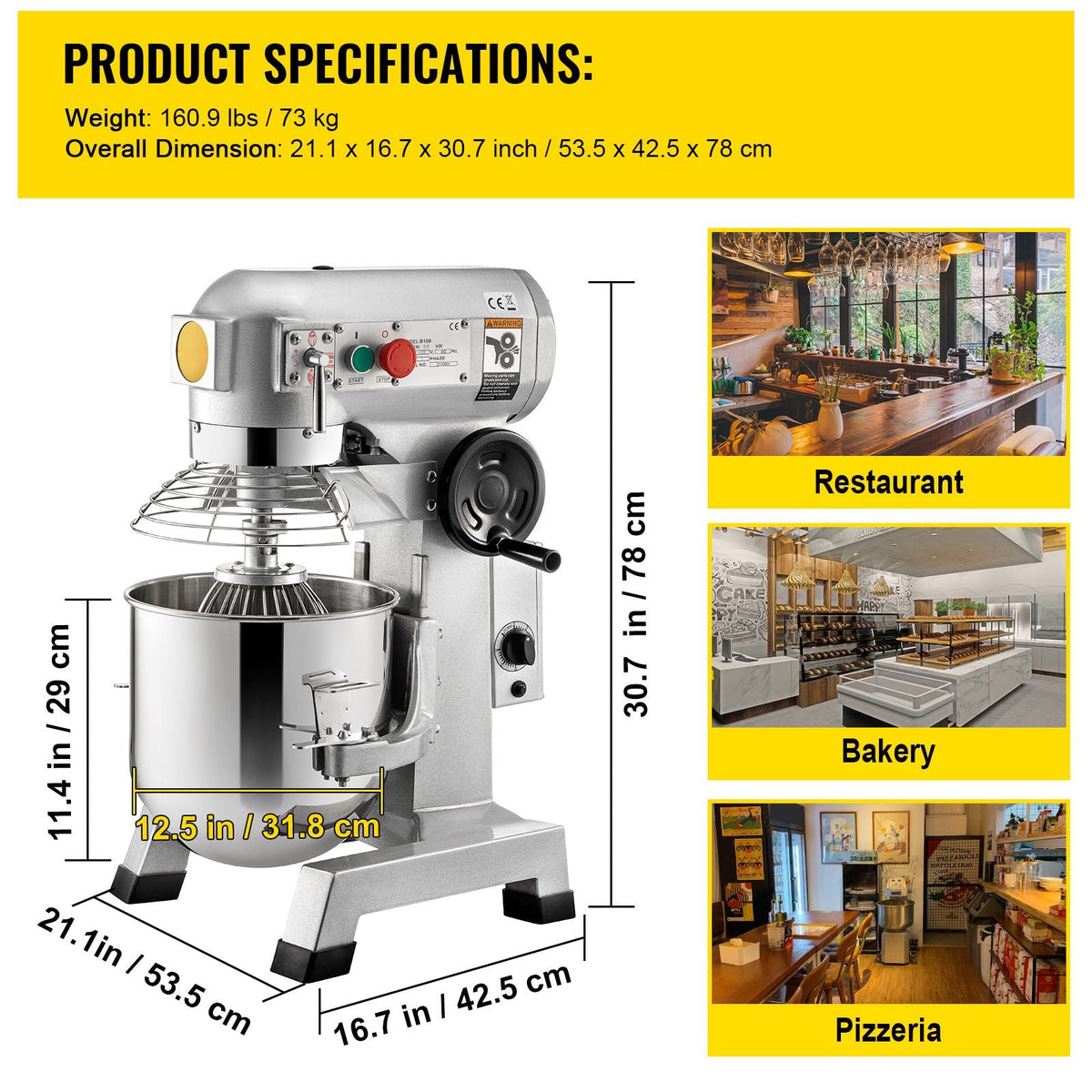 Commercial Food Mixer, 20Qt Commercial Mixer with Timing Function, 750W Stainless Steel Bowl Heavy Duty Electric Food Mixer Commercial with 3 Speeds Adjustable 108/199/382 RPM, Dough Hook Whisk
