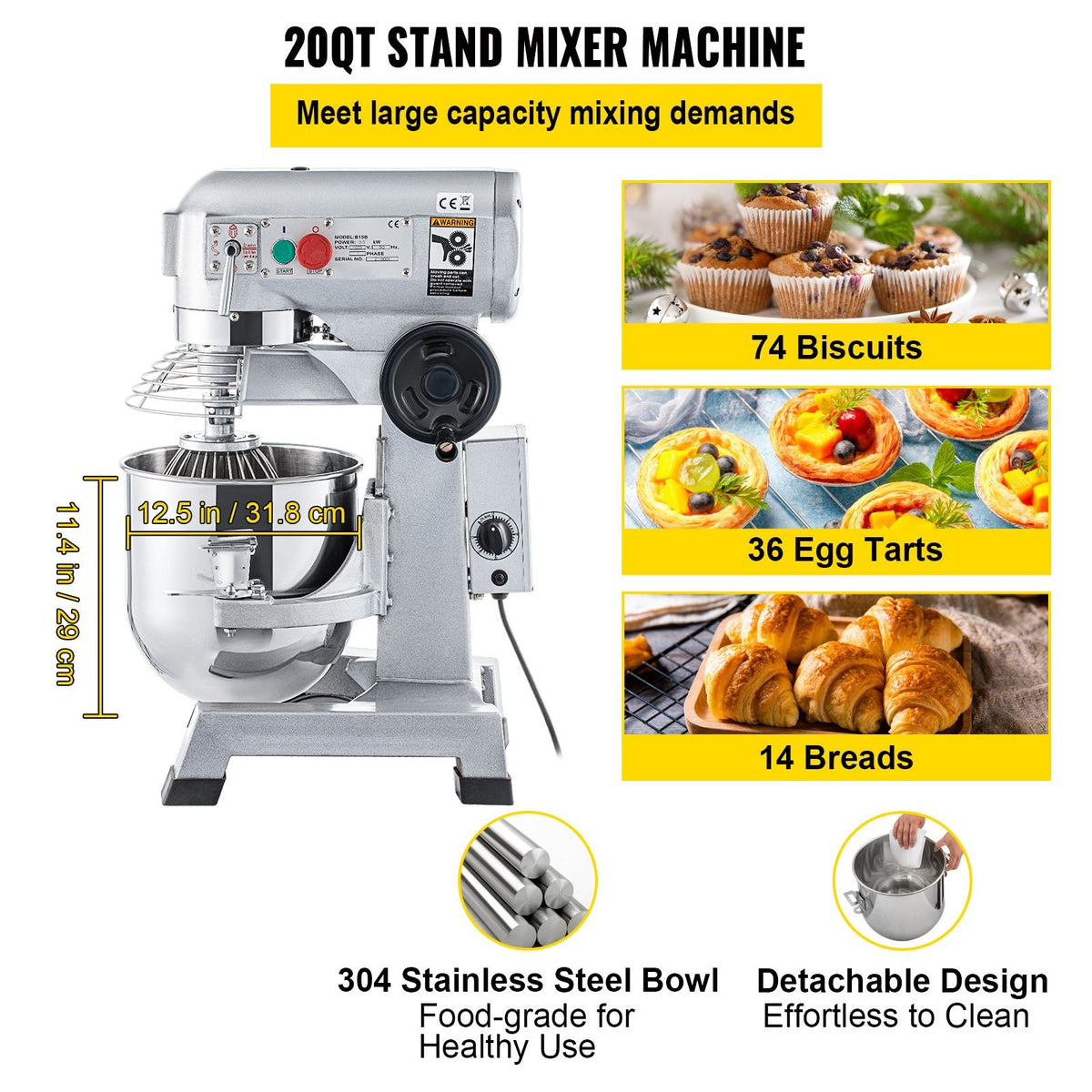 Commercial Food Mixer, 20Qt Commercial Mixer with Timing Function, 750W Stainless Steel Bowl Heavy Duty Electric Food Mixer Commercial with 3 Speeds Adjustable 108/199/382 RPM, Dough Hook Whisk