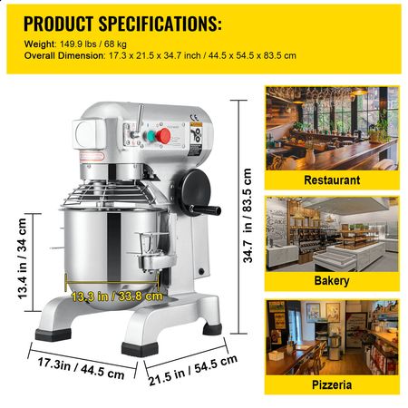 Commercial Food Mixer 30Qt 1100W 3 Speeds Adjustable 105/180/408 RPM Heavy Duty 110V with Stainless Steel Bowl Dough Hooks Whisk Beater for Schools Bakeries Restaurants Pizzerias
