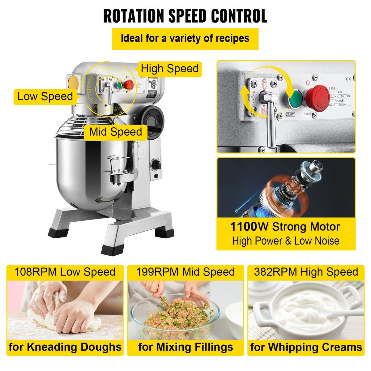 Commercial Food Mixer, 30Qt Commercial Mixer with Timing Function, 1100W Stainless Steel Bowl Electric Food Mixer with 3 Speeds Adjustable 108/199/382 RPM, Dough Hook Whisk Beater Included