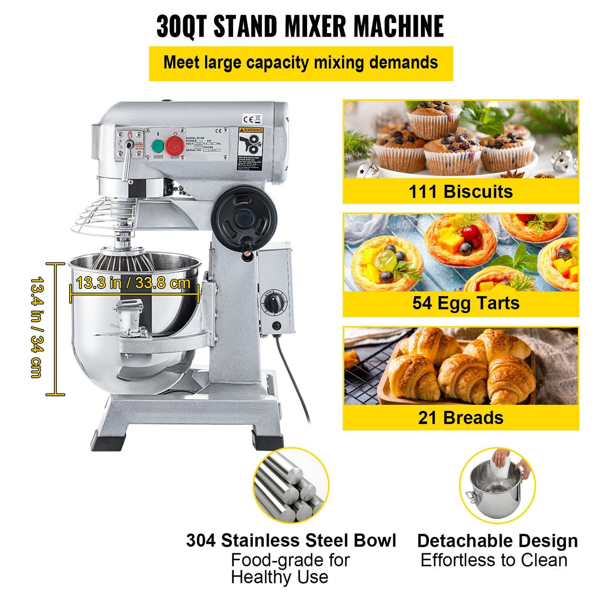 Commercial Food Mixer, 30Qt Commercial Mixer with Timing Function, 1100W Stainless Steel Bowl Electric Food Mixer with 3 Speeds Adjustable 108/199/382 RPM, Dough Hook Whisk Beater Included