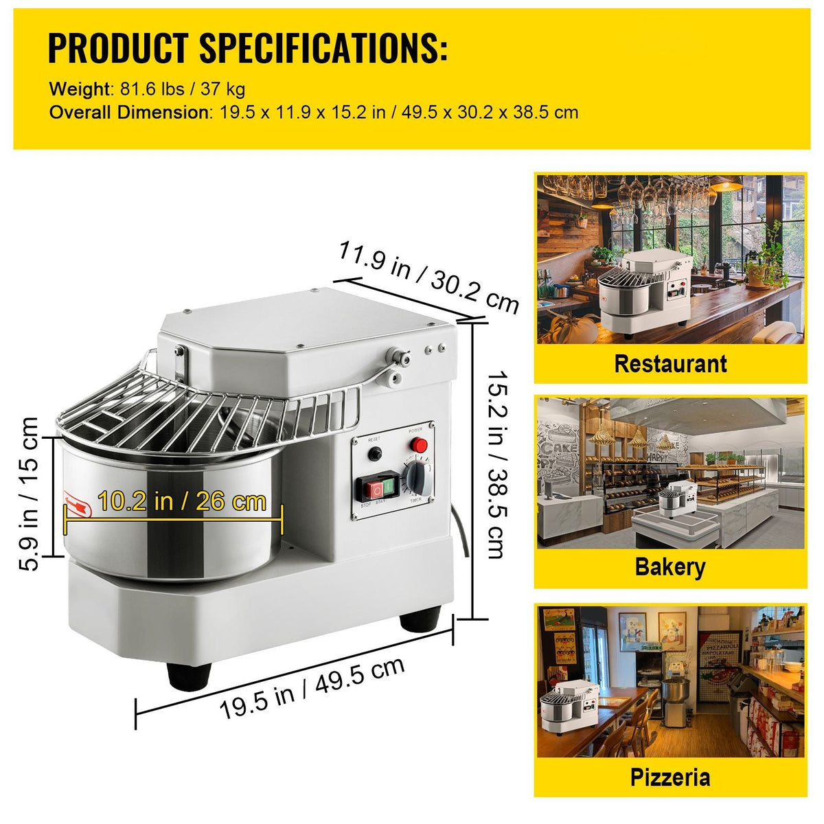 Commercial Food Mixer, 7.3Qt Capacity, 450W Dual Rotating Dough Kneading Machine with Food-grade Stainless Steel Bowl, Security Shield & Timer Included, Baking Equipment for Restaurant Pizzeria