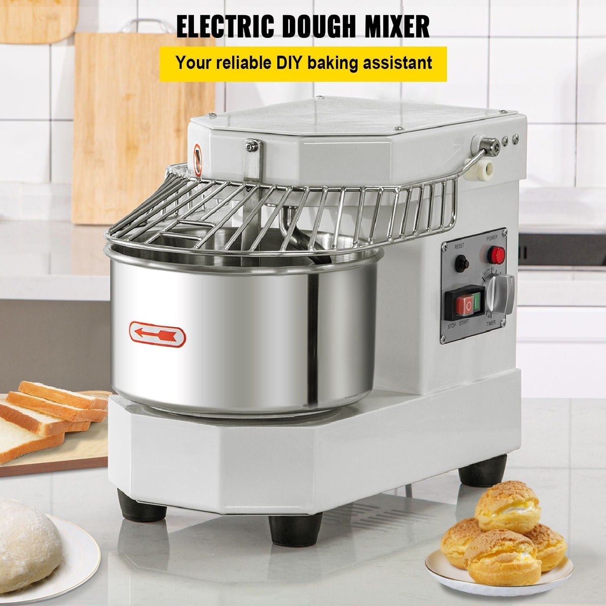 Commercial Food Mixer, 7.3Qt Capacity, 450W Dual Rotating Dough Kneading Machine with Food-grade Stainless Steel Bowl, Security Shield & Timer Included, Baking Equipment for Restaurant Pizzeria