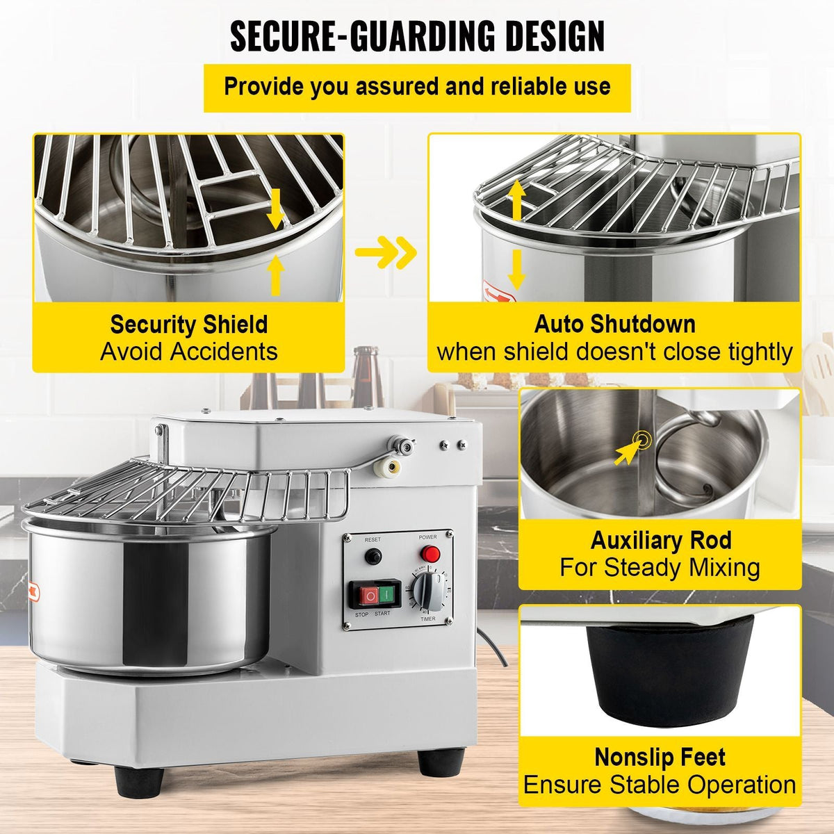 Commercial Food Mixer, 7.3Qt Capacity, 450W Dual Rotating Dough Kneading Machine with Food-grade Stainless Steel Bowl, Security Shield & Timer Included, Baking Equipment for Restaurant Pizzeria