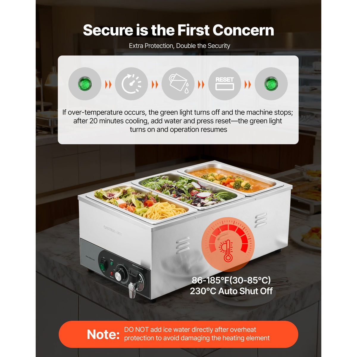 Commercial Food Warmer, 1200W Electric Stainless Steel Steam Food Warmer, Fast Heating Countertop Buffet Bain Marie with Detachable Power Cord, for Catering, Restaurants, Parties & Buffets