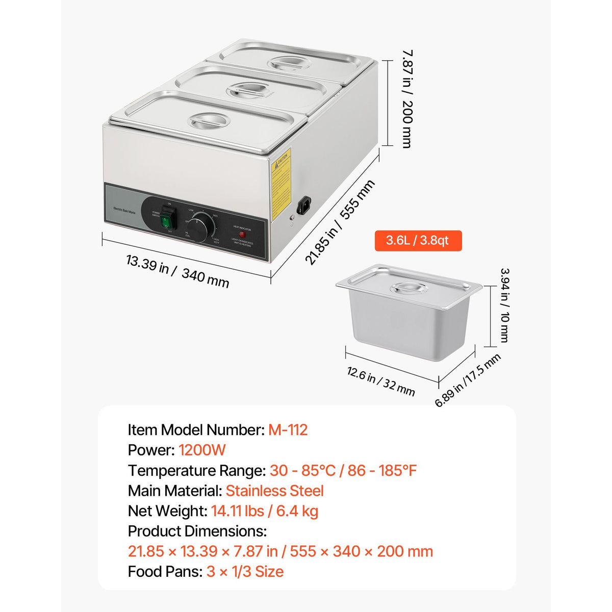 Commercial Food Warmer, 1200W Electric Stainless Steel Steam Food Warmer, Fast Heating Countertop Buffet Bain Marie with Three 1/3 Size Food Pans, for Catering, Restaurants, Parties & Buffets