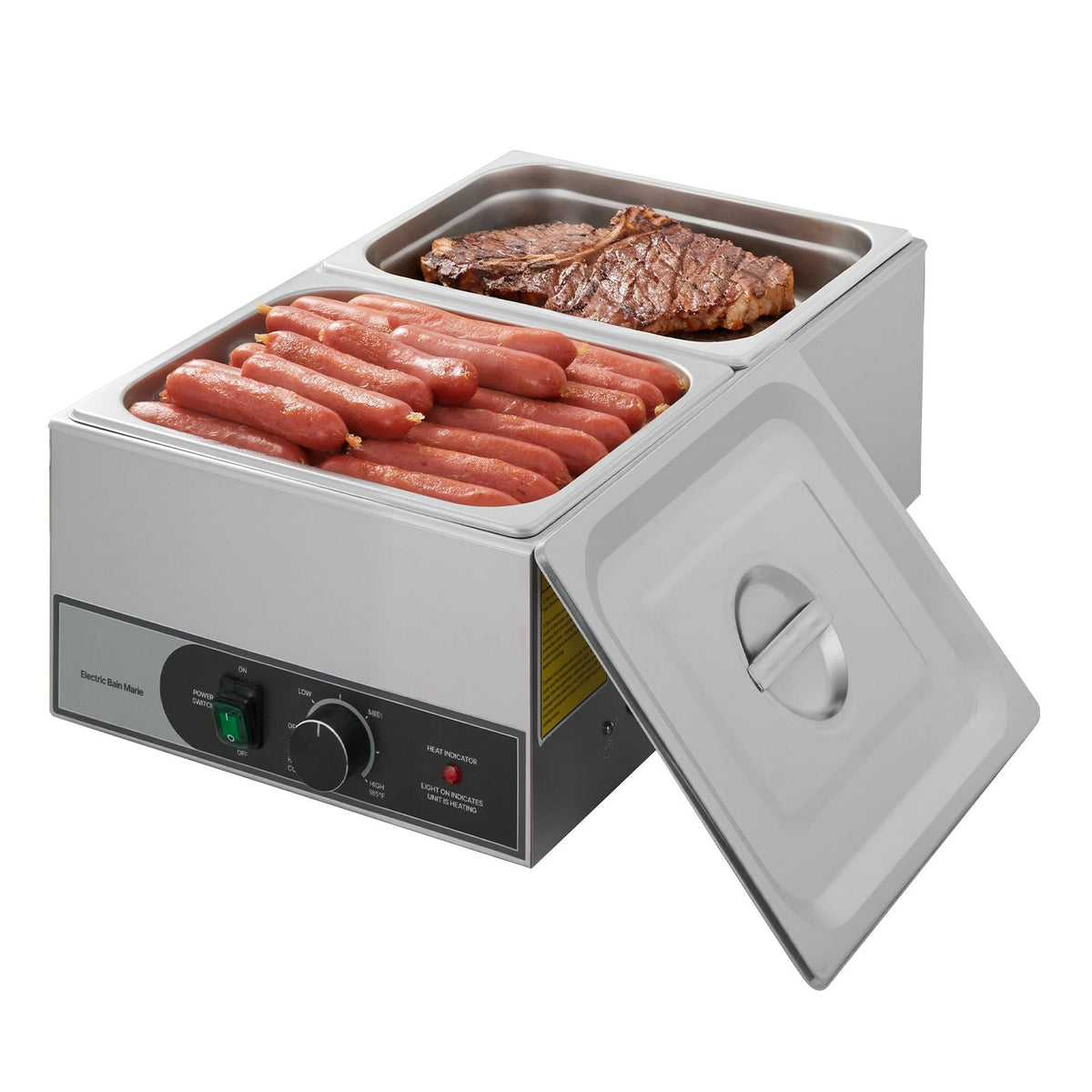 Commercial Food Warmer, 1200W Electric Stainless Steel Steam Food Warmer, Fast Heating Countertop Buffet Bain Marie with Two 1/2 Size Food Pans, for Catering, Restaurants, Parties & Buffets