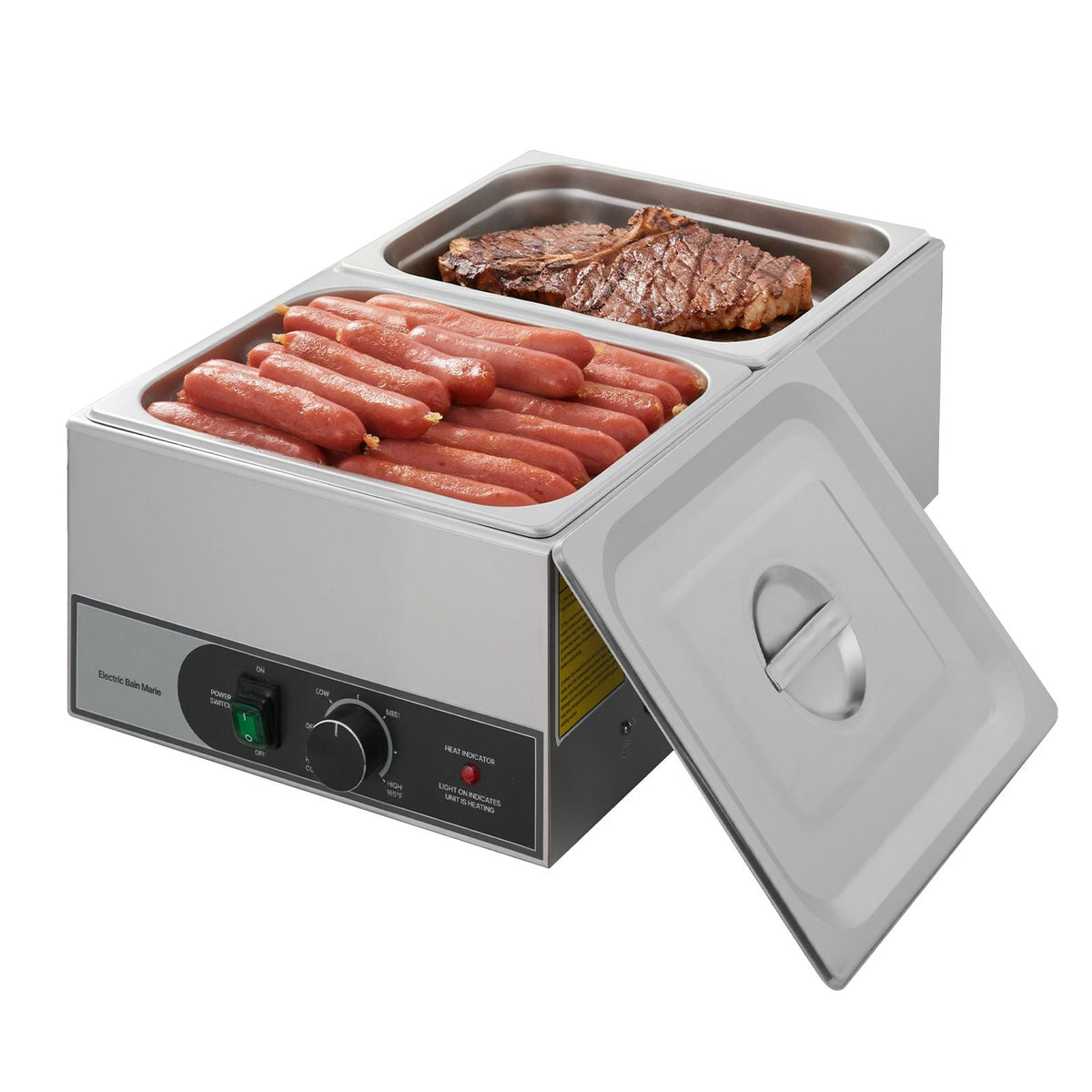 Commercial Food Warmer, 1200W Electric Stainless Steel Steam Food Warmer, Fast Heating Countertop Buffet Bain Marie with Two 1/2 Size Food Pans, for Catering, Restaurants, Parties & Buffets