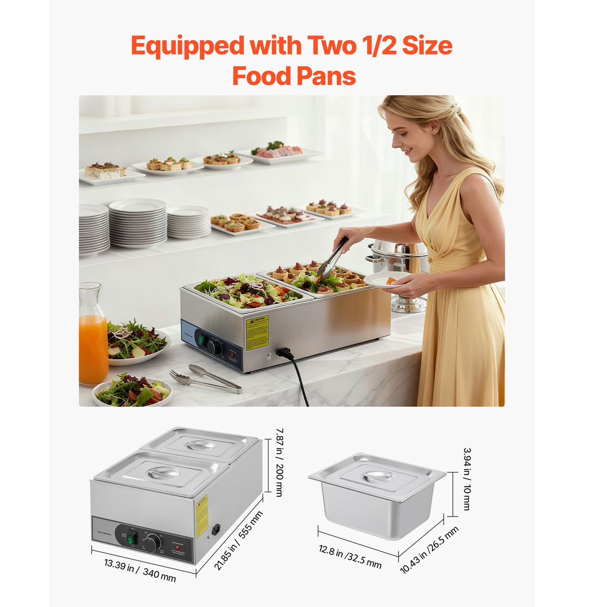 Commercial Food Warmer, 1200W Electric Stainless Steel Steam Food Warmer, Fast Heating Countertop Buffet Bain Marie with Two 1/2 Size Food Pans, for Catering, Restaurants, Parties & Buffets