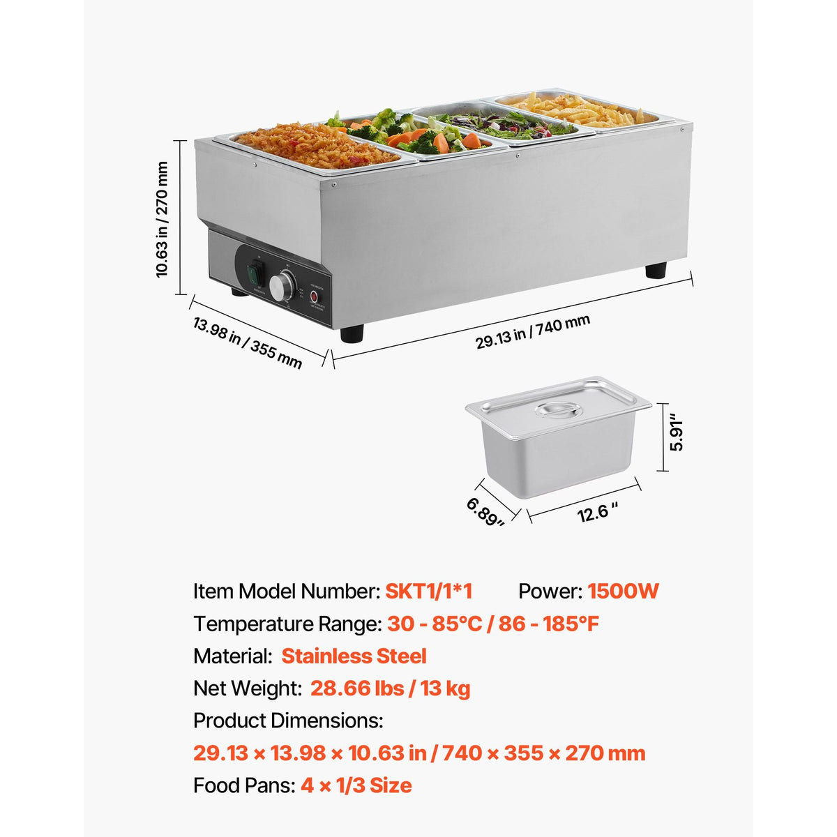 Commercial Food Warmer, 1500W Electric Stainless Steel Steam Food Warmer, Fast Heating Countertop Buffet Bain Marie with Four 1/3 Size Food Pans, for Catering, Restaurants, Parties & Buffets