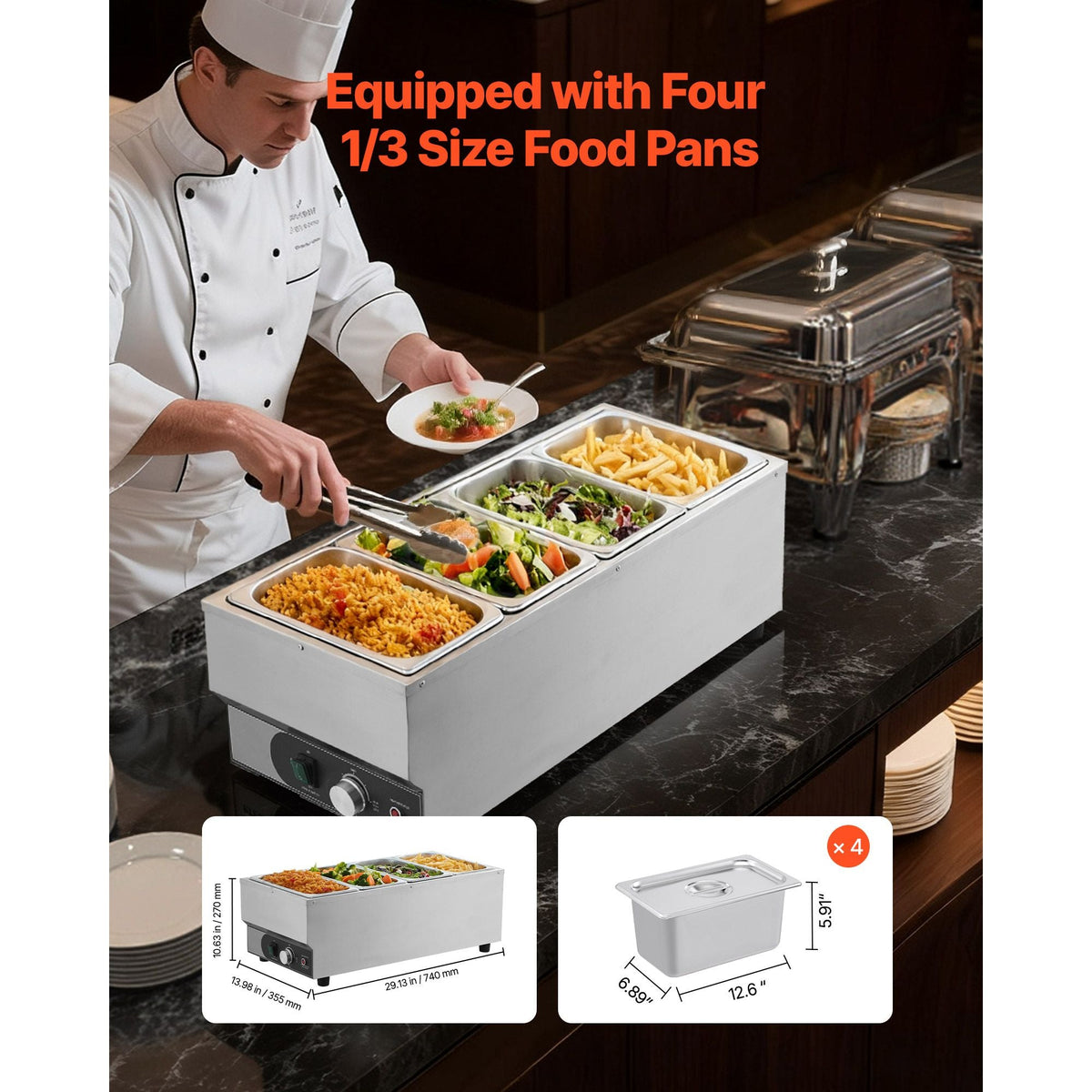 Commercial Food Warmer, 1500W Electric Stainless Steel Steam Food Warmer, Fast Heating Countertop Buffet Bain Marie with Four 1/3 Size Food Pans, for Catering, Restaurants, Parties & Buffets