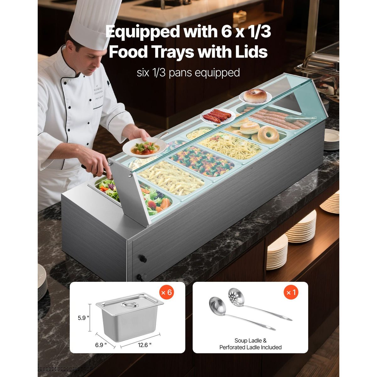 Commercial Food Warmer, 1500W Electric Stainless Steel Steam Food Warmer with Glass Cover, 6 x 1/3 Size Pans Buffet Bain Marie with Soup & Perforated Ladles, for Catering, Restaurant & Party