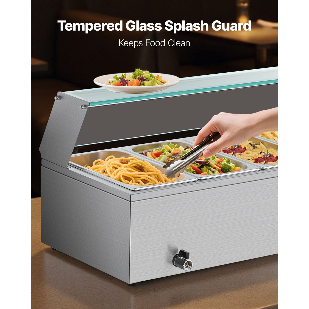 Commercial Food Warmer, 1500W Electric Stainless Steel Steam Food Warmer with Glass Cover, 6 x 1/3 Size Pans Buffet Bain Marie with Soup & Perforated Ladles, for Catering, Restaurant & Party