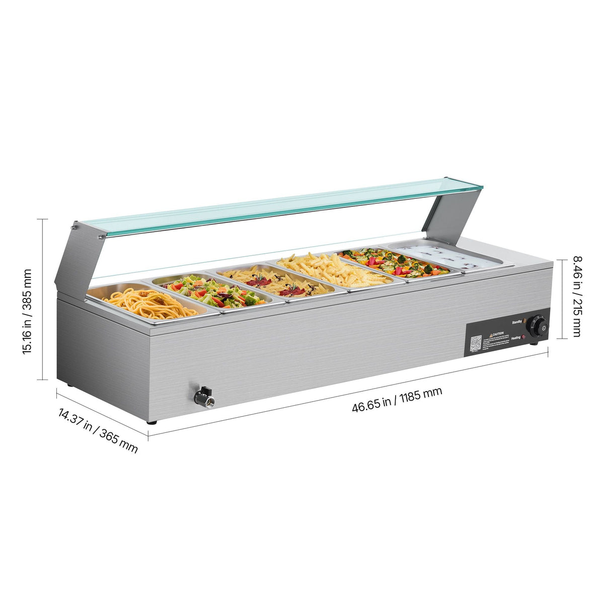 Commercial Food Warmer, 1500W Electric Stainless Steel Steam Food Warmer with Glass Cover, 6 x 1/3 Size Pans Buffet Bain Marie with Soup & Perforated Ladles, for Catering, Restaurant & Party