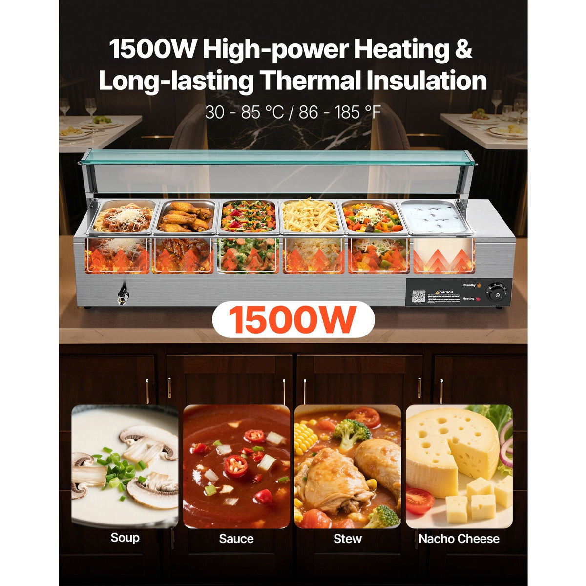 Commercial Food Warmer, 1500W Electric Stainless Steel Steam Food Warmer with Glass Cover, 6 x 1/3 Size Pans Buffet Bain Marie with Soup & Perforated Ladles, for Catering, Restaurant & Party