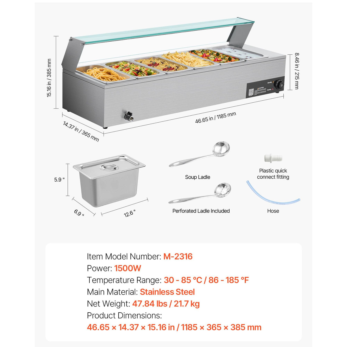 Commercial Food Warmer, 1500W Electric Stainless Steel Steam Food Warmer with Glass Cover, 6 x 1/3 Size Pans Buffet Bain Marie with Soup & Perforated Ladles, for Catering, Restaurant & Party
