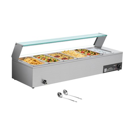 Commercial Food Warmer, 1500W Electric Stainless Steel Steam Food Warmer with Glass Cover, 6 x 1/3 Size Pans Buffet Bain Marie with Soup & Perforated Ladles, for Catering, Restaurant & Party