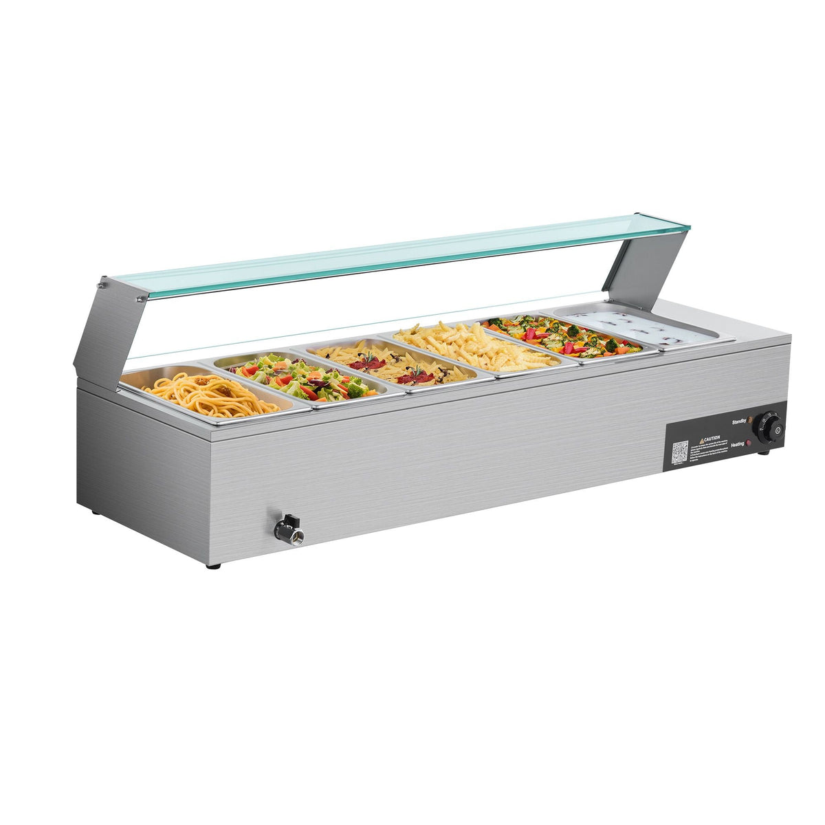 Commercial Food Warmer, 1500W Electric Stainless Steel Steam Food Warmer with Glass Cover, 6 x 1/3 Size Pans Buffet Bain Marie with Soup & Perforated Ladles, for Catering, Restaurant & Party