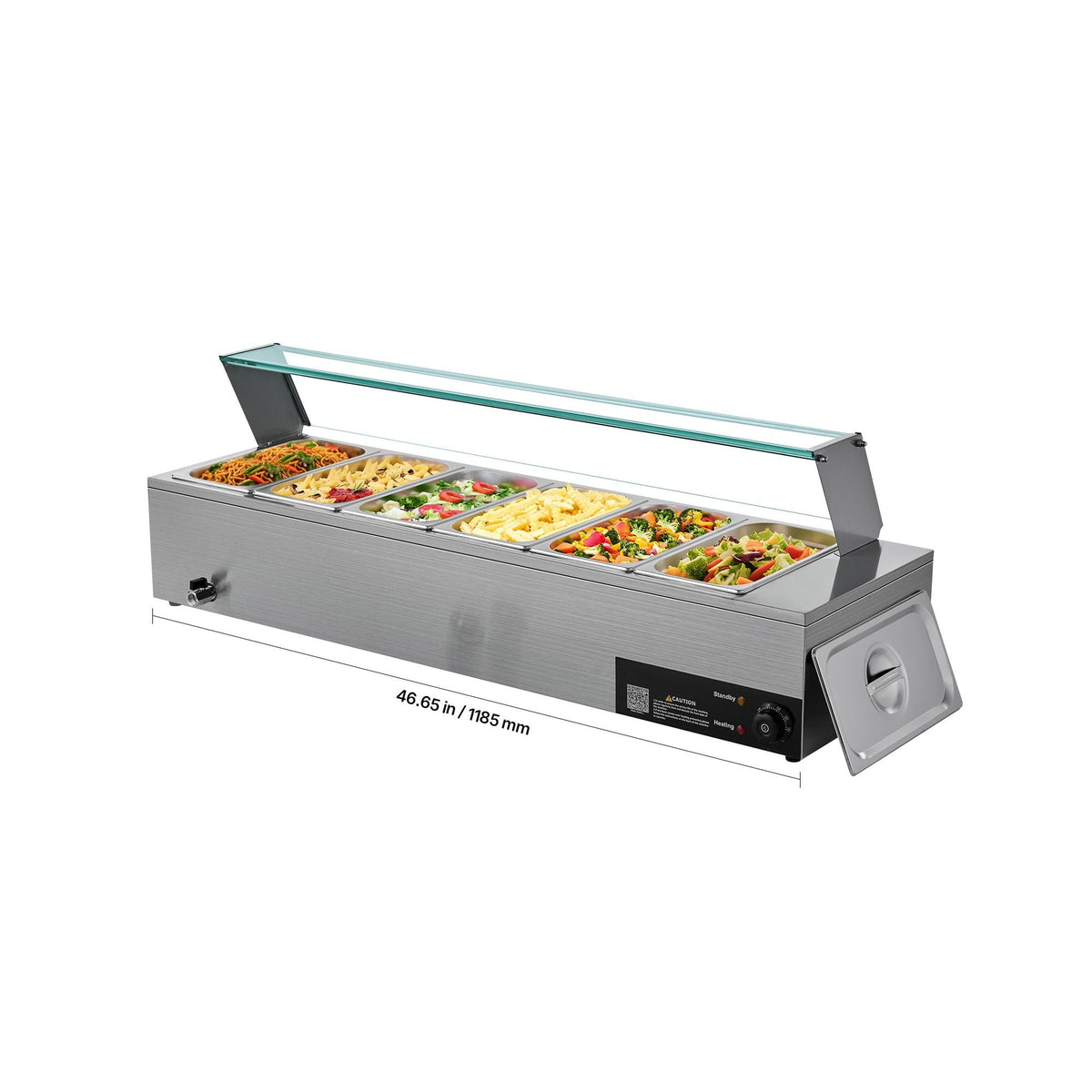 Commercial Food Warmer, 1500W Electric Stainless Steel Steam Food Warmer with Glass Cover, 6 x 1/3 Size Pans Buffet Bain Marie with Soup & Perforated Ladles, for Catering, Restaurant & Party