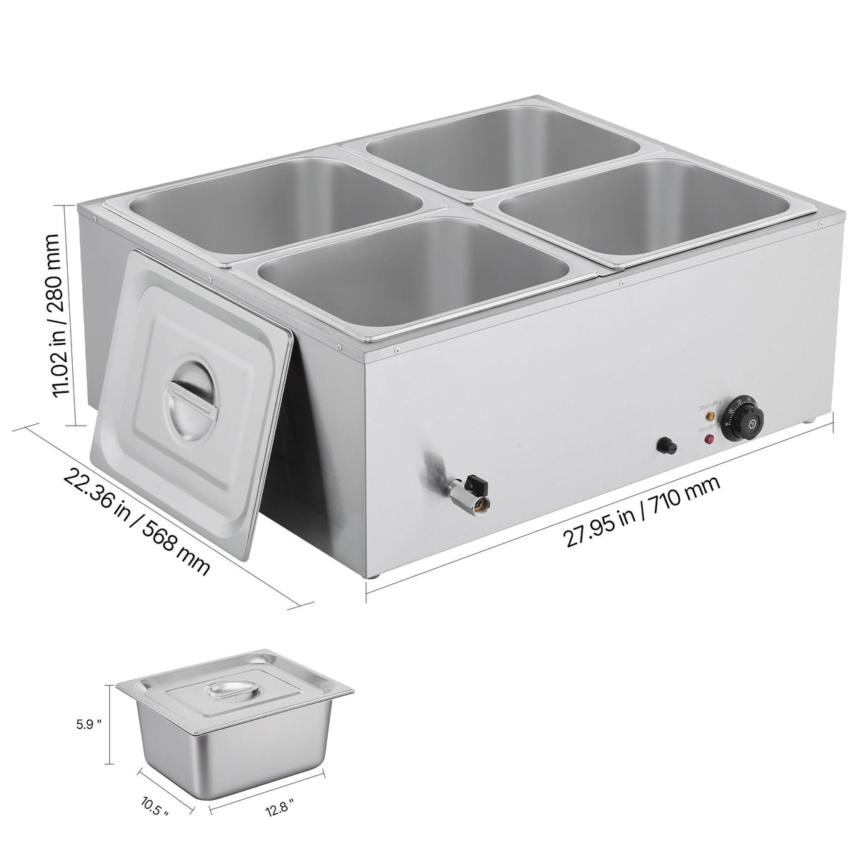 Commercial Food Warmer, 1500W Electric Stainless Steel Steam Food Warmer with Lid, 4-Pan Fast Heating Countertop Buffet Bain Marie with Soup & Perforated Ladles, for Catering, Restaurant, Party