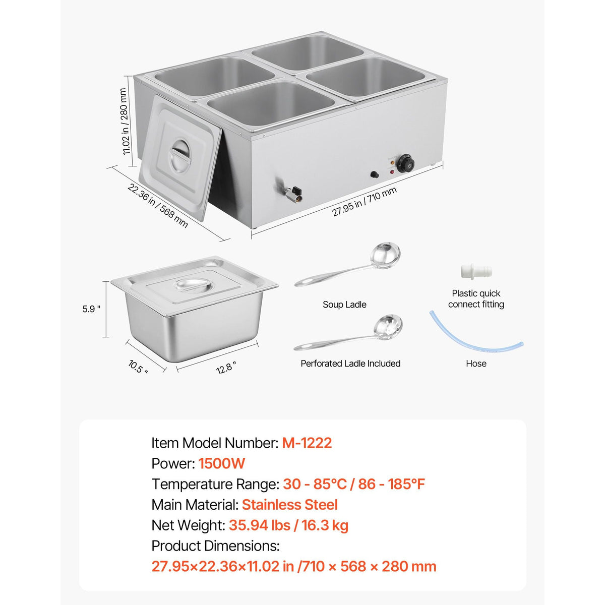 Commercial Food Warmer, 1500W Electric Stainless Steel Steam Food Warmer with Lid, 4-Pan Fast Heating Countertop Buffet Bain Marie with Soup & Perforated Ladles, for Catering, Restaurant, Party