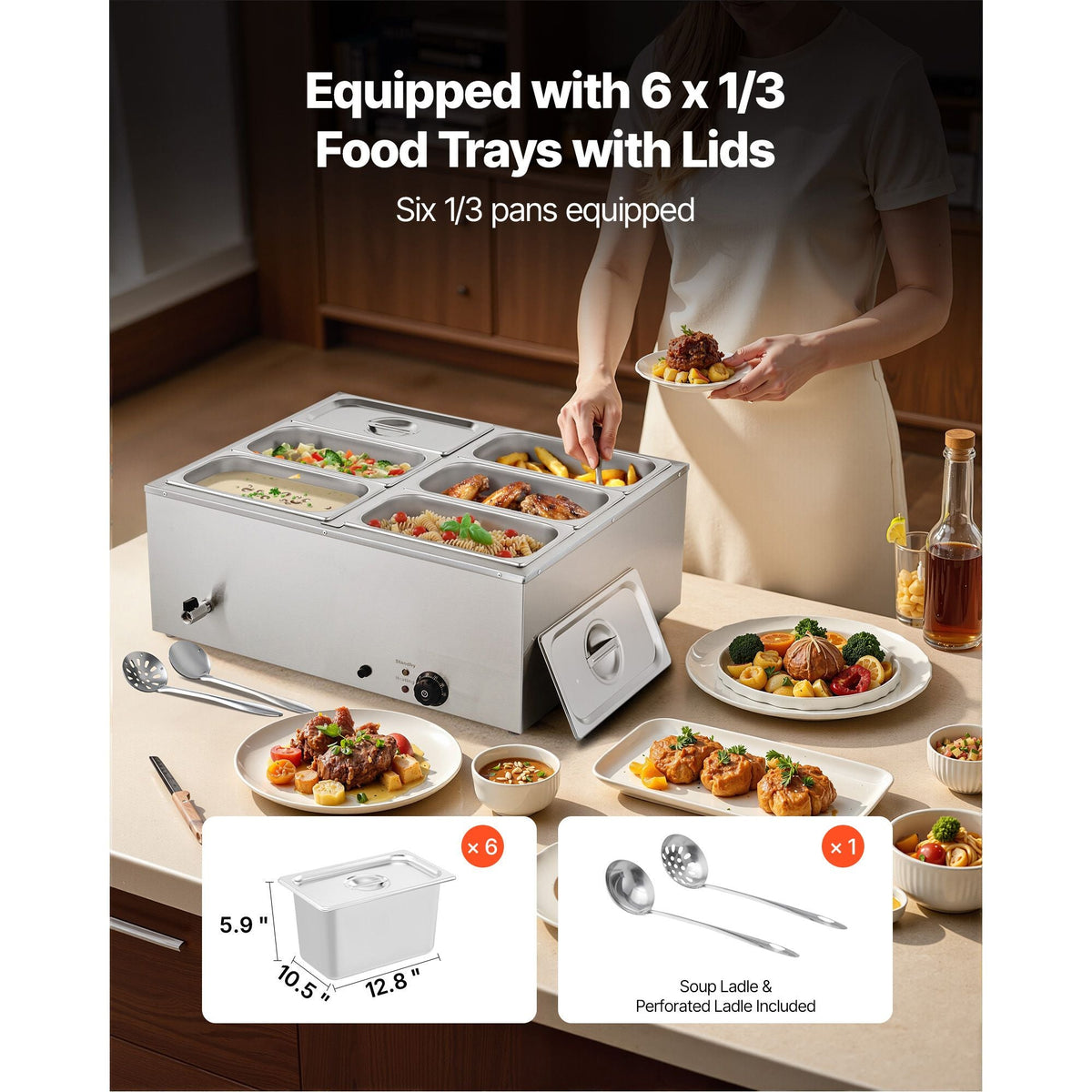 Commercial Food Warmer, 1500W Electric Stainless Steel Steam Food Warmer with Lid, 6-Pan Fast Heating Countertop Buffet Bain Marie with Soup & Perforated Ladles, for Catering, Restaurant, Party