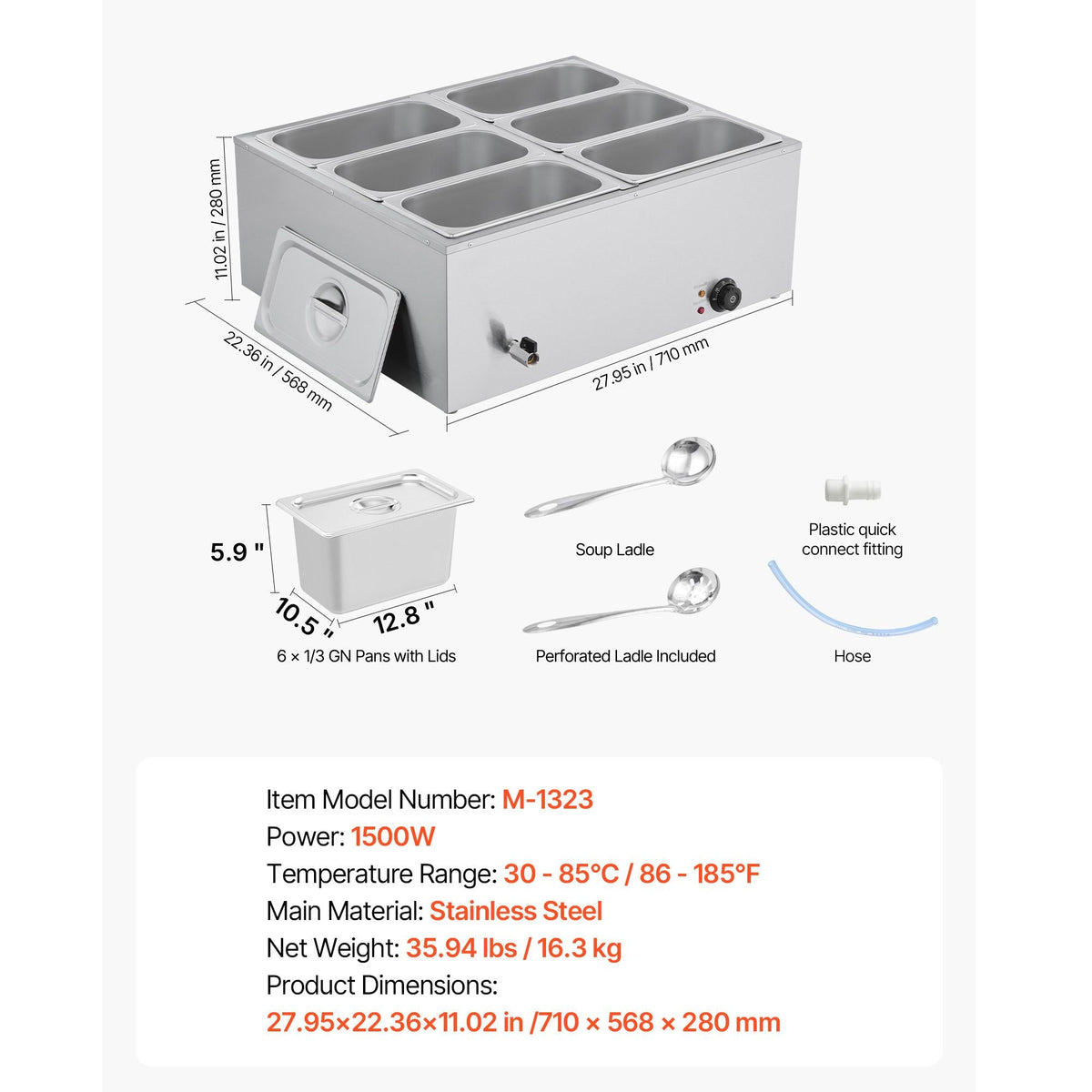 Commercial Food Warmer, 1500W Electric Stainless Steel Steam Food Warmer with Lid, 6-Pan Fast Heating Countertop Buffet Bain Marie with Soup & Perforated Ladles, for Catering, Restaurant, Party