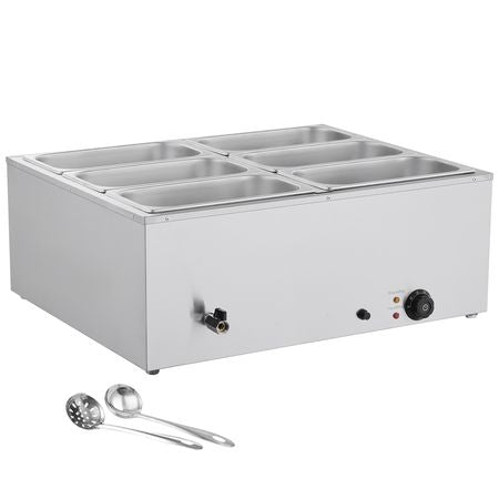 Commercial Food Warmer, 1500W Electric Stainless Steel Steam Food Warmer with Lid, 6-Pan Fast Heating Countertop Buffet Bain Marie with Soup & Perforated Ladles, for Catering, Restaurant, Party