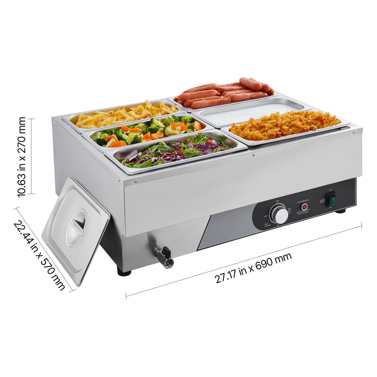 Commercial Food Warmer, 1500W Electric Stainless Steel Steam Food Warming with Lid, Fast Heating Countertop Buffet Bain Marie with Six 1/3 Size Food Pans, for Catering, Restaurant and Party