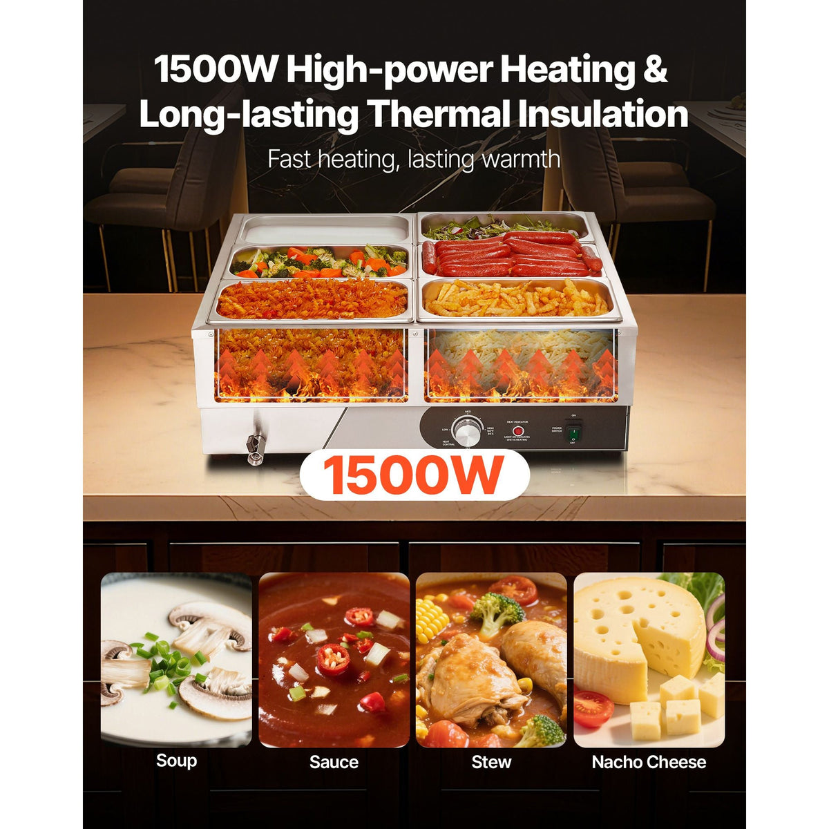 Commercial Food Warmer, 1500W Electric Stainless Steel Steam Food Warming with Lid, Fast Heating Countertop Buffet Bain Marie with Six 1/3 Size Food Pans, for Catering, Restaurant and Party