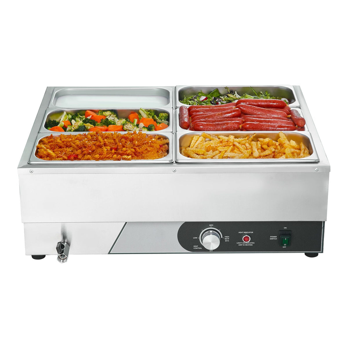 Commercial Food Warmer, 1500W Electric Stainless Steel Steam Food Warming with Lid, Fast Heating Countertop Buffet Bain Marie with Six 1/3 Size Food Pans, for Catering, Restaurant and Party