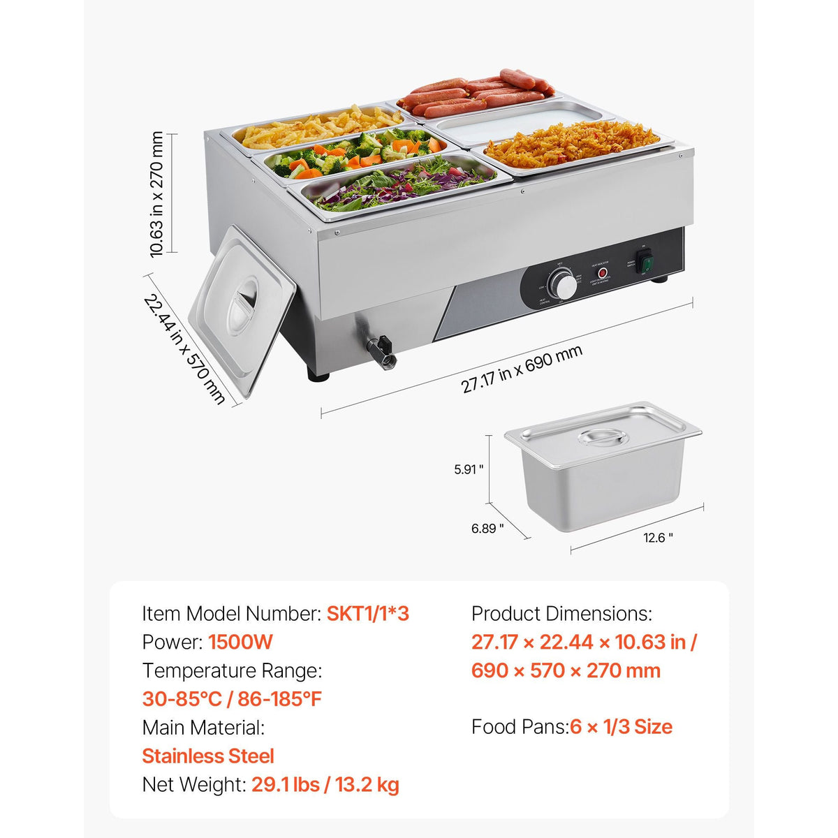 Commercial Food Warmer, 1500W Electric Stainless Steel Steam Food Warming with Lid, Fast Heating Countertop Buffet Bain Marie with Six 1/3 Size Food Pans, for Catering, Restaurant and Party