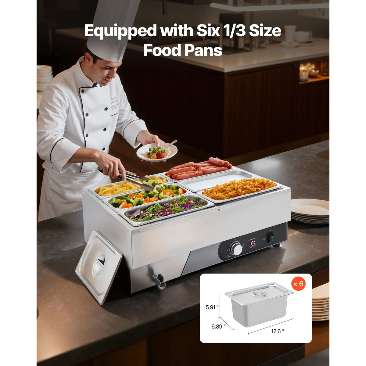 Commercial Food Warmer, 1500W Electric Stainless Steel Steam Food Warming with Lid, Fast Heating Countertop Buffet Bain Marie with Six 1/3 Size Food Pans, for Catering, Restaurant and Party