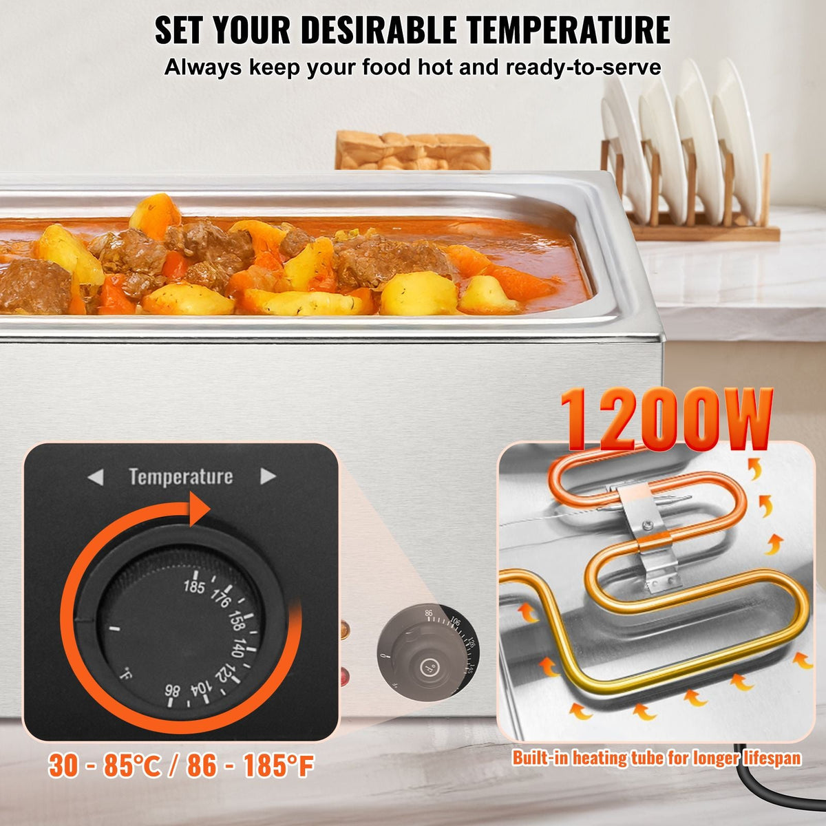 Commercial Food Warmer 19QT Bain Marie 1200W Electric Buffet Warmer Steam Table Food Warmer Countertop Stainless Steel Food Warmer Wet or Dry Use for Parties, Catering and Restaurant