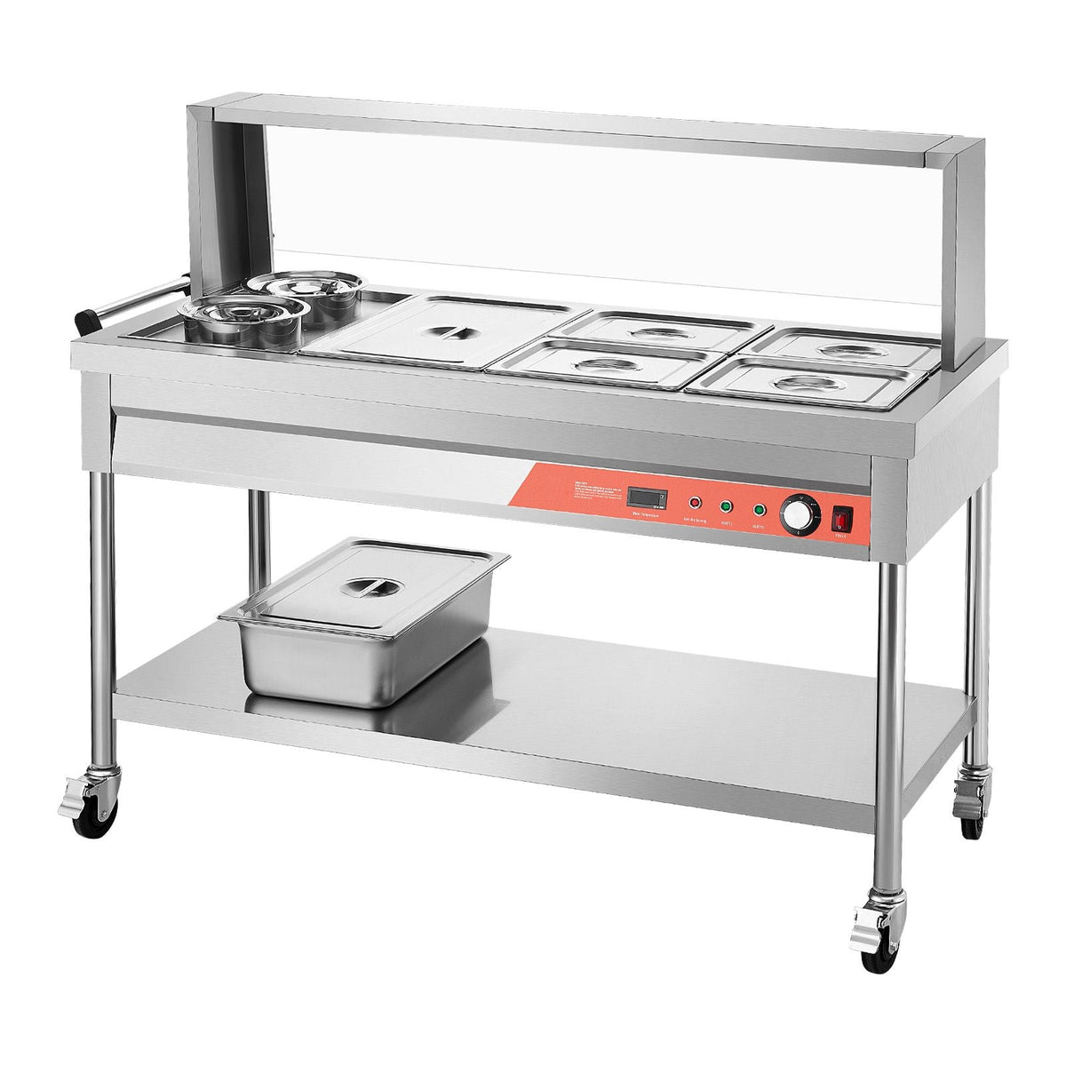 Commercial Food Warmer, 5 Pans + 2 Pots Electric Steam Table, 1800W Professional Buffet Catering Food Warmer with Shield Undershelf Wheels, Stainless Steel Server for Party Restaurant Hotel