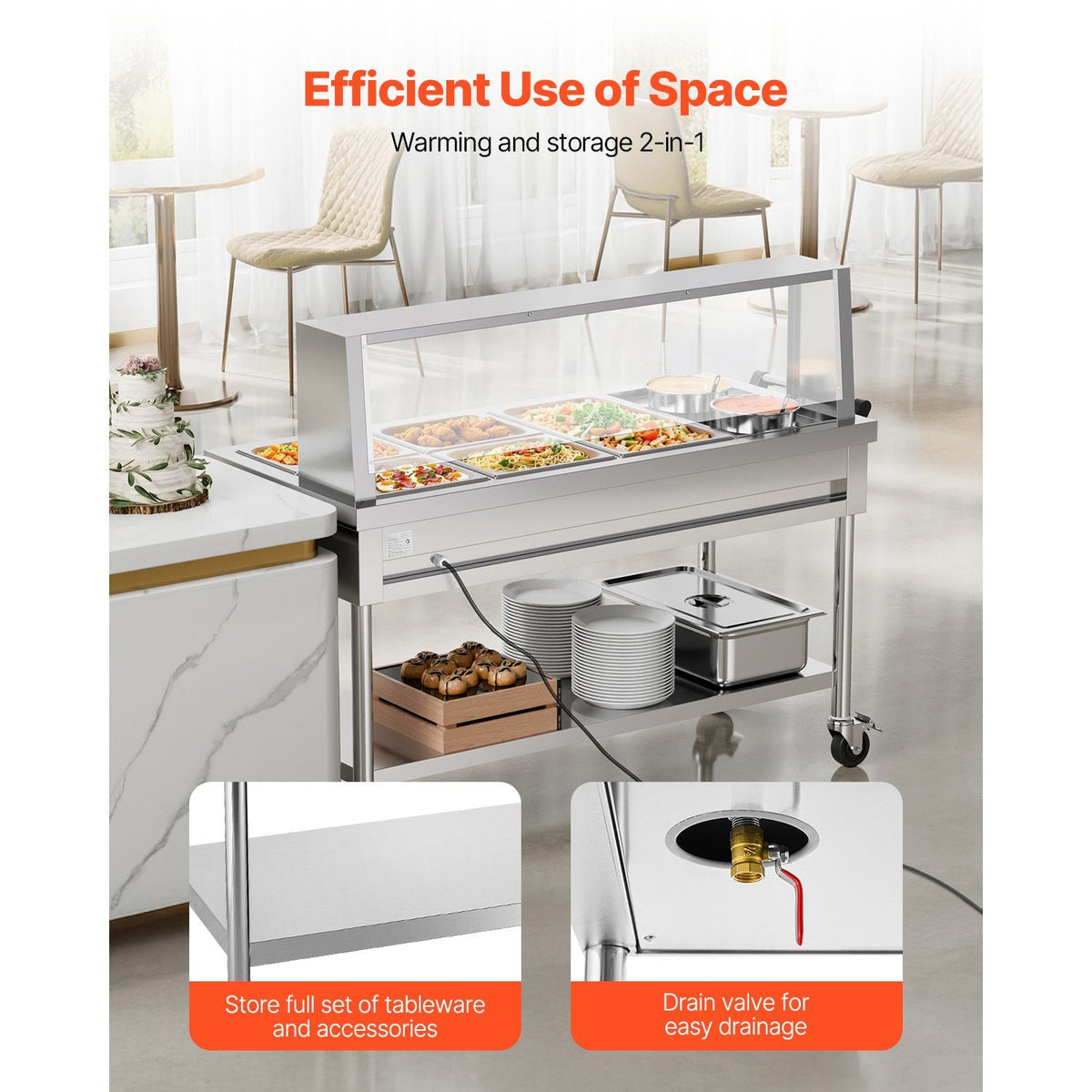 Commercial Food Warmer, 5 Pans + 2 Pots Electric Steam Table, 1800W Professional Buffet Catering Food Warmer with Shield Undershelf Wheels, Stainless Steel Server for Party Restaurant Hotel