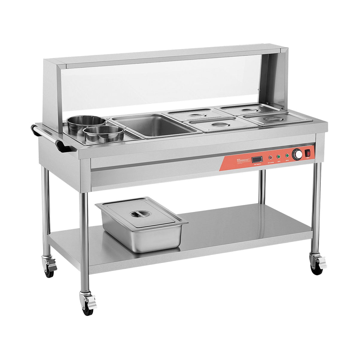 Commercial Food Warmer, 5 Pans + 2 Pots Electric Steam Table, 1800W Professional Buffet Catering Food Warmer with Shield Undershelf Wheels, Stainless Steel Server for Party Restaurant Hotel