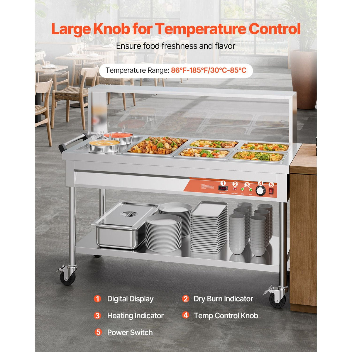 Commercial Food Warmer, 5 Pans + 2 Pots Electric Steam Table, 1800W Professional Buffet Catering Food Warmer with Shield Undershelf Wheels, Stainless Steel Server for Party Restaurant Hotel
