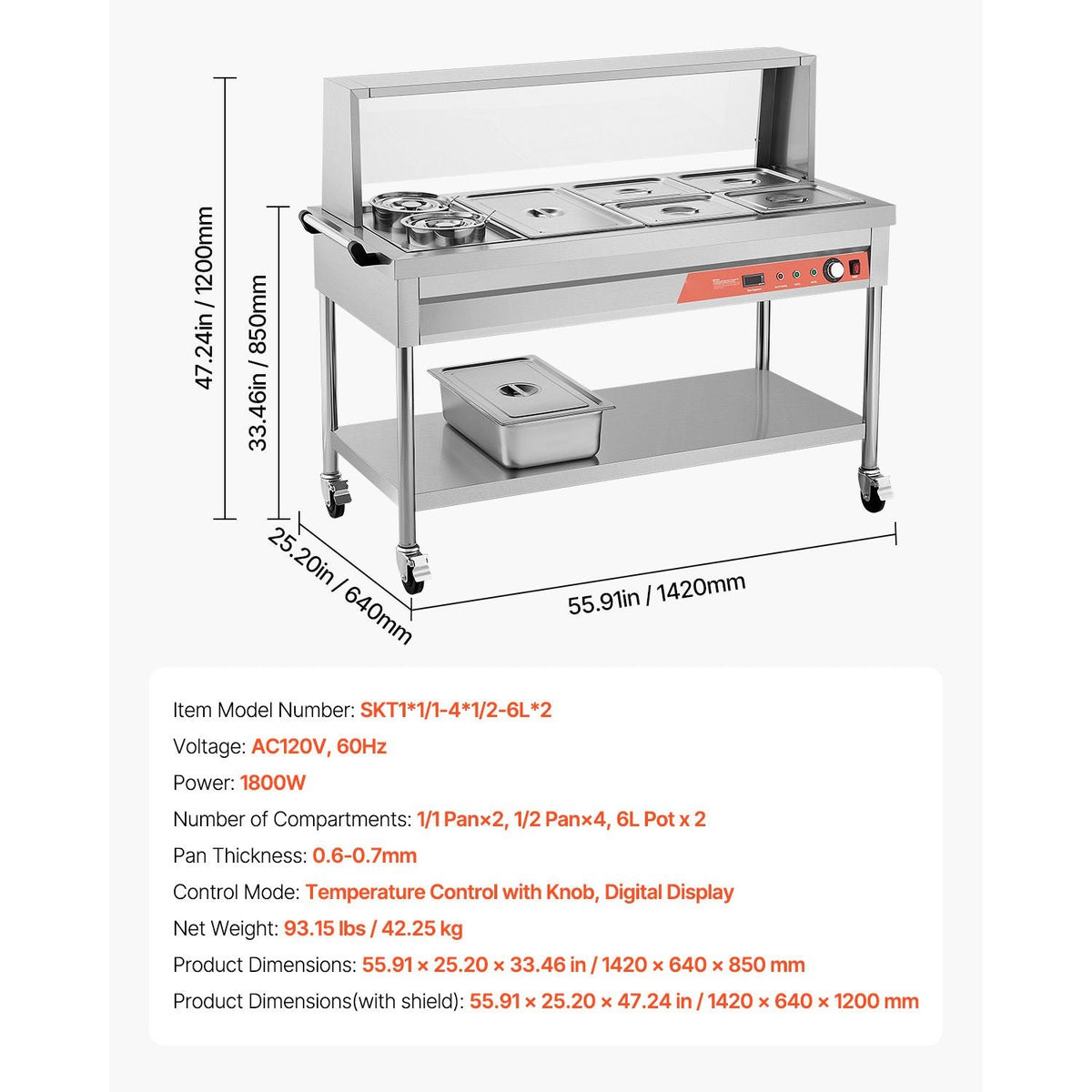 Commercial Food Warmer, 5 Pans + 2 Pots Electric Steam Table, 1800W Professional Buffet Catering Food Warmer with Shield Undershelf Wheels, Stainless Steel Server for Party Restaurant Hotel