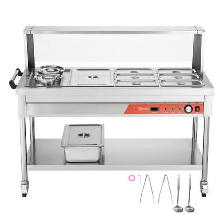 Commercial Food Warmer, 7 Pans + 2 Pots Electric Steam Table, 1800W Professional Buffet Catering Food Warmer with Shield Undershelf Wheels, Stainless Steel Server for Party Restaurant Hotel