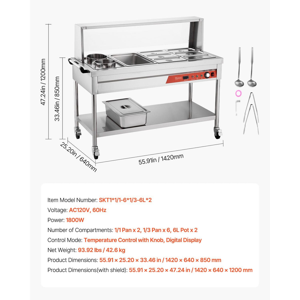 Commercial Food Warmer, 7 Pans + 2 Pots Electric Steam Table, 1800W Professional Buffet Catering Food Warmer with Shield Undershelf Wheels, Stainless Steel Server for Party Restaurant Hotel