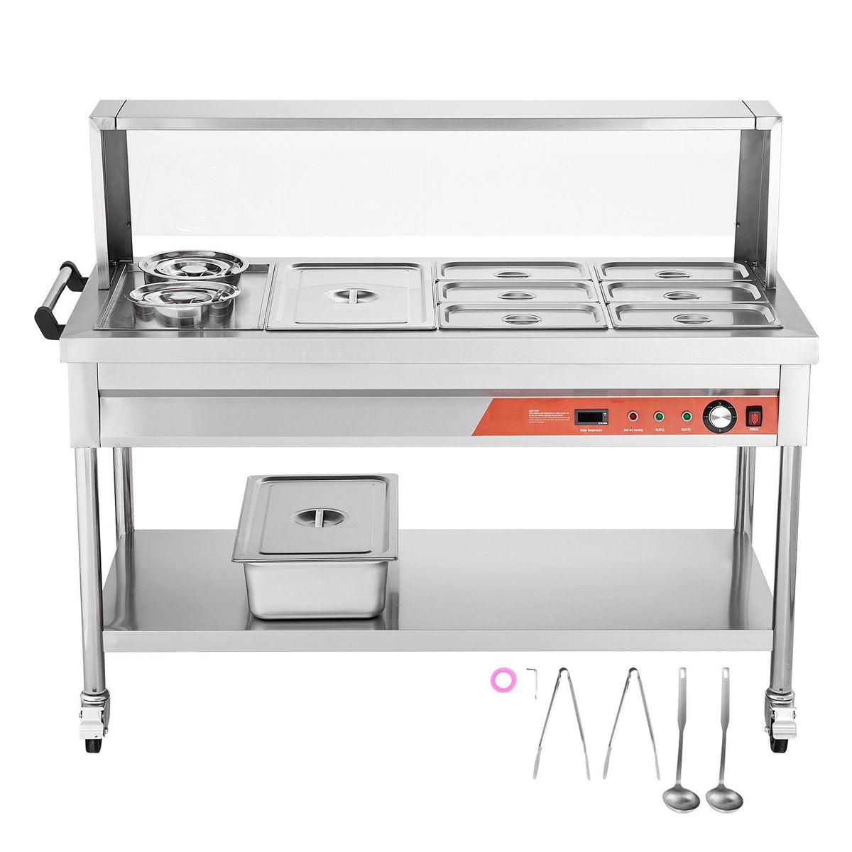 Commercial Food Warmer, 7 Pans + 2 Pots Electric Steam Table, 1800W Professional Buffet Catering Food Warmer with Shield Undershelf Wheels, Stainless Steel Server for Party Restaurant Hotel